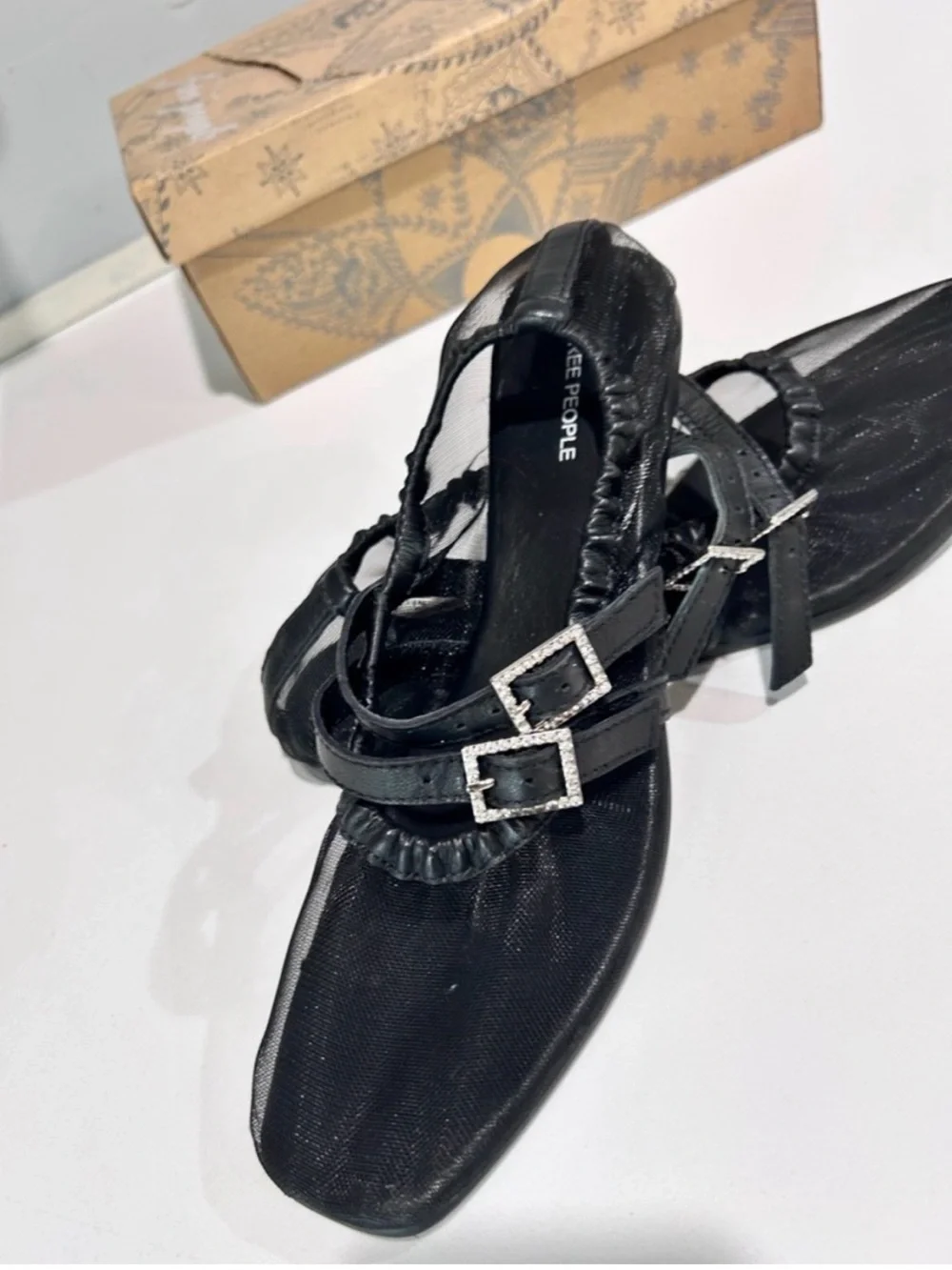 Free people Black Square-Toe Mary Jane Flats with Crystal Buckle Straps